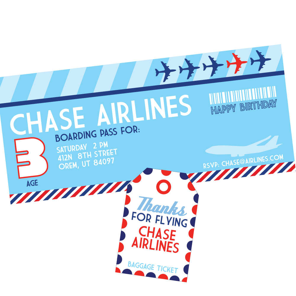 Airplane ticket Invitation baggage claim Thank you card/tag printables by Wants and Wishes