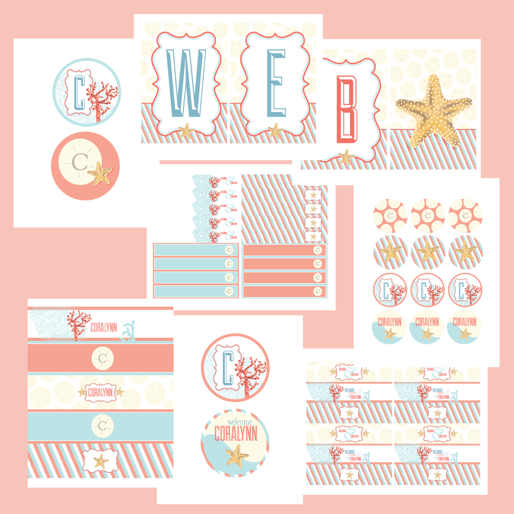 Sea Breeze Beach Coral & Turquoise Bridal/ Baby shower printable Collection