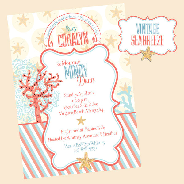 printable sophisticated Sea Breeze Beach Baby Shower invitation by Wants and Wishes