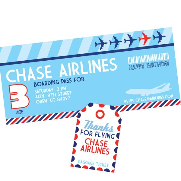 Airplane ticket Invitation & baggage claim Thank you card/tag printables by Wants and Wishes