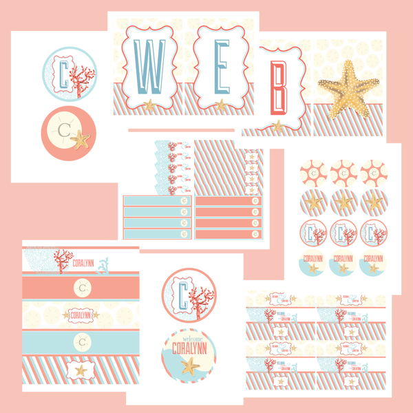 Sea Breeze Beach Coral & Turquoise Bridal/ Baby shower printable Collection